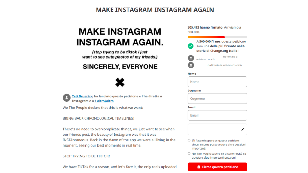 Novità Instagram: la petizione 
