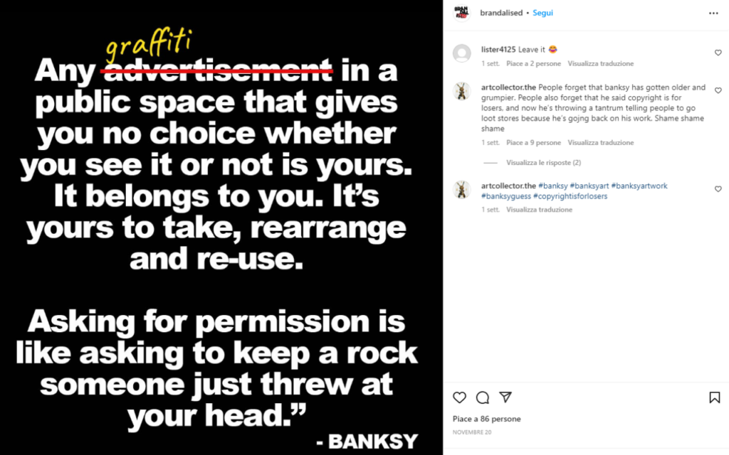 Banksy contro Guess Brandalise risponde su Instragram
